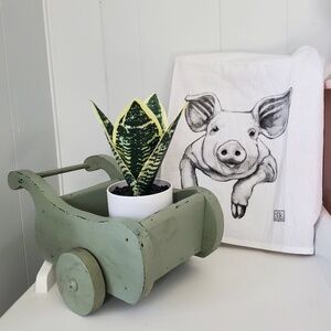 Vintage shabby chic garden decor green mini wheelbarrow, fair condition